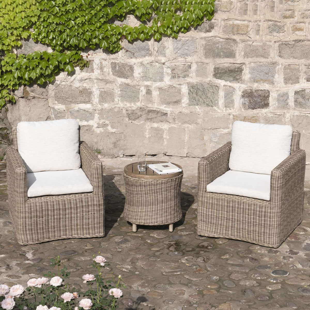 Round Wicker Bellagio Round Wicker Bistro Set with Rising Side Table, Natural | daals