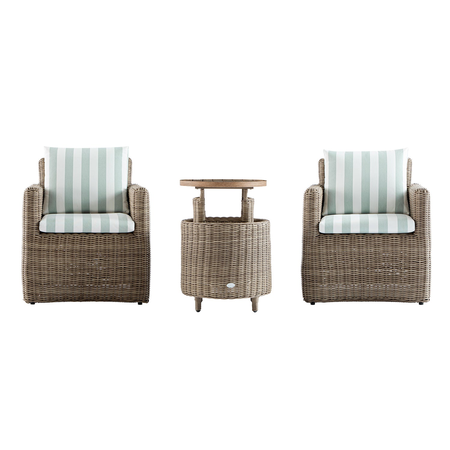 Bellagio Round Wicker Bistro Set with Rising Side Table, Natural with Sage Stripes