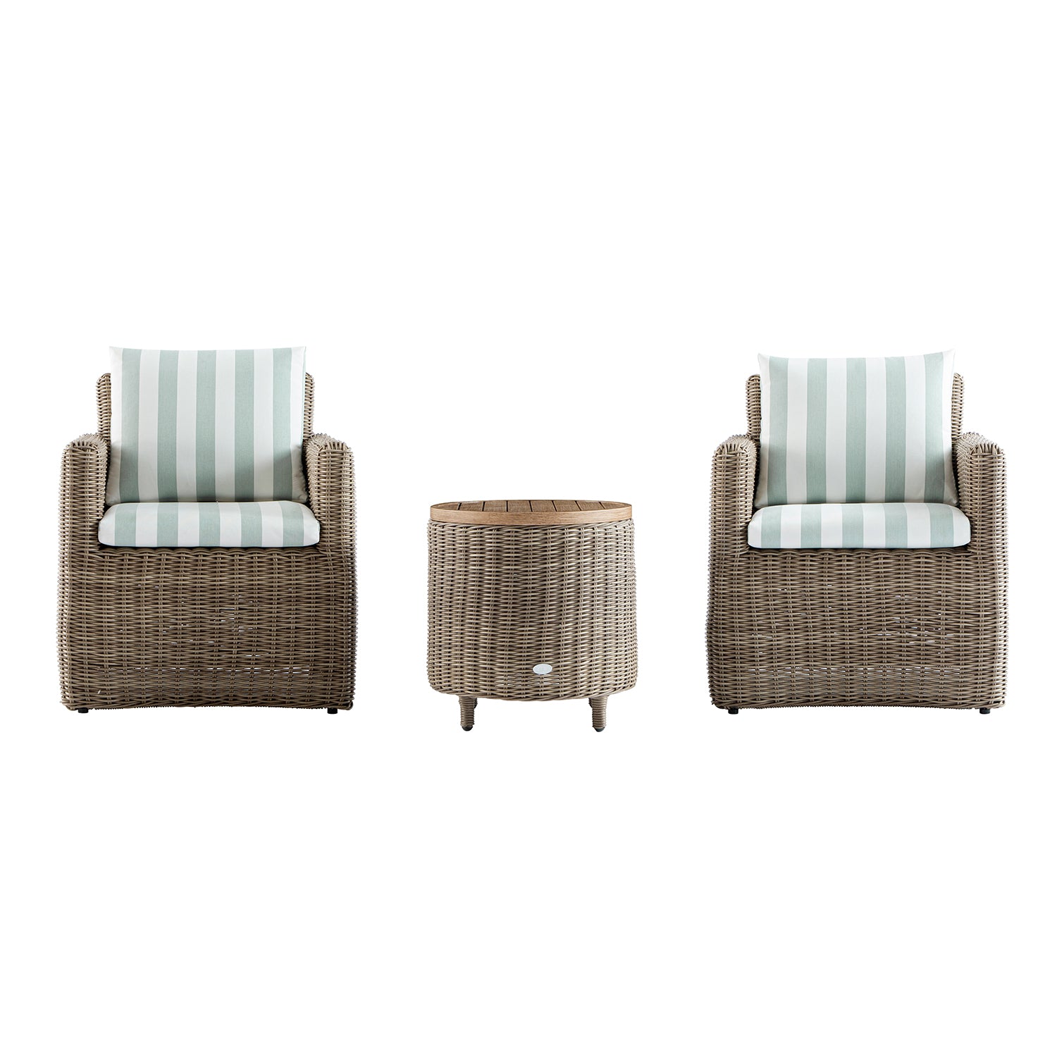 Bellagio Round Wicker Bistro Set with Rising Side Table, Natural with Sage Stripes