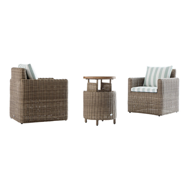 Bellagio Round Wicker Bistro Set with Rising Side Table, Natural with Sage Stripes - daals