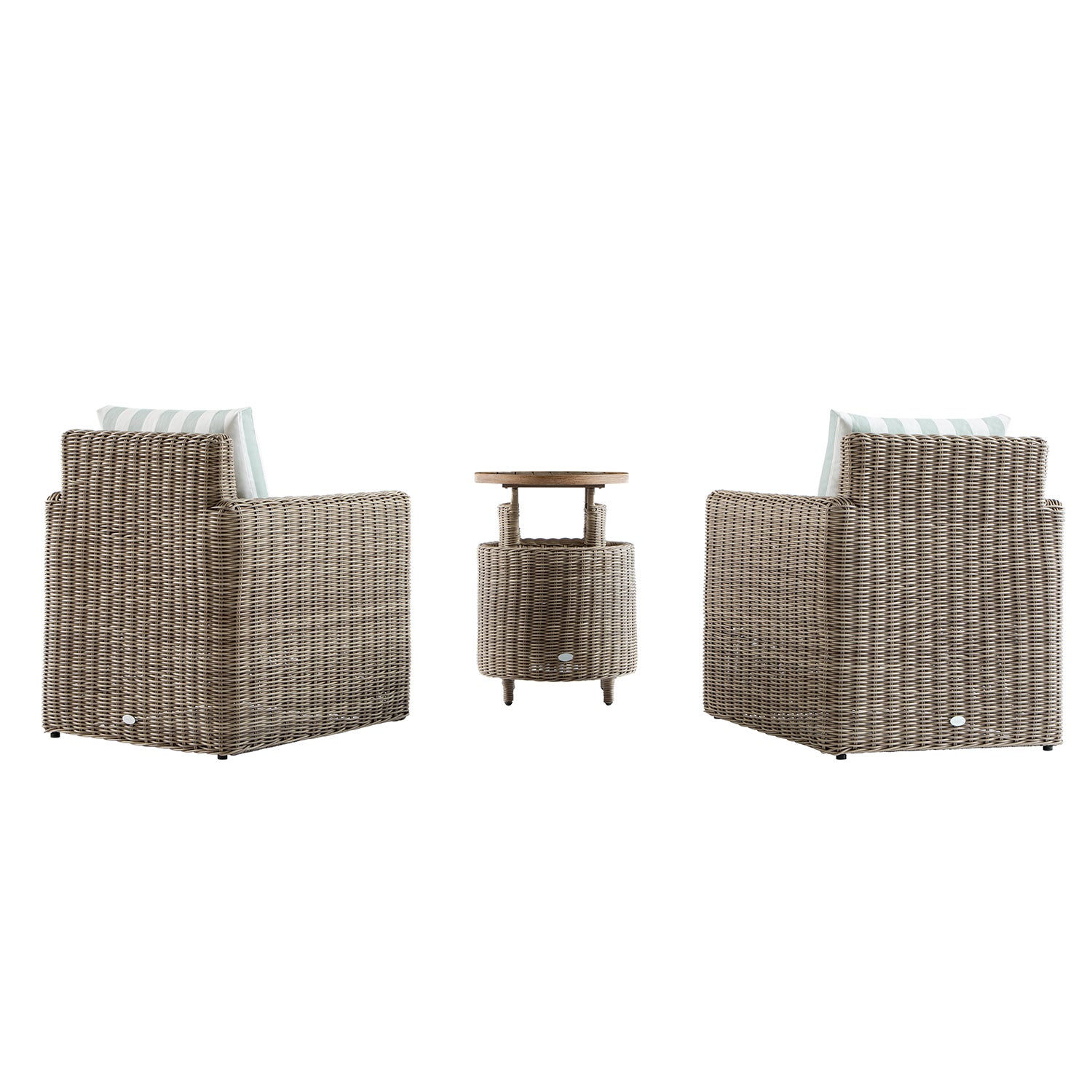 Bellagio Round Wicker Bistro Set with Rising Side Table, Natural with Sage Stripes