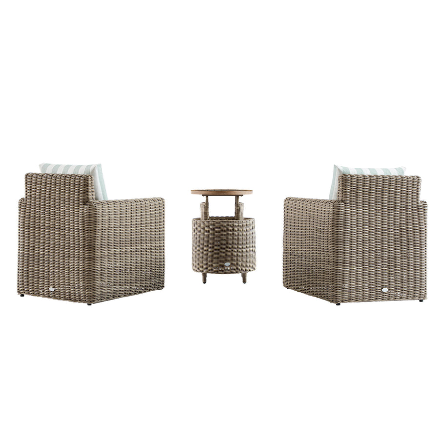 Bellagio Round Wicker Bistro Set with Rising Side Table, Natural with Sage Stripes