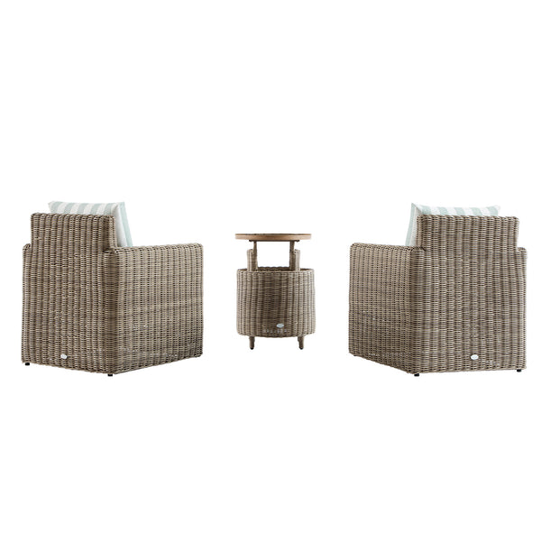 Bellagio Round Wicker Bistro Set with Rising Side Table, Natural with Sage Stripes - daals