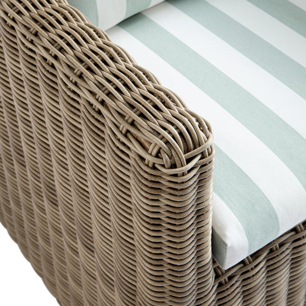 Bellagio Round Wicker Bistro Set with Rising Side Table, Natural with Sage Stripes - daals