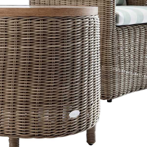 Bellagio Round Wicker Bistro Set with Rising Side Table, Natural with Sage Stripes - daals