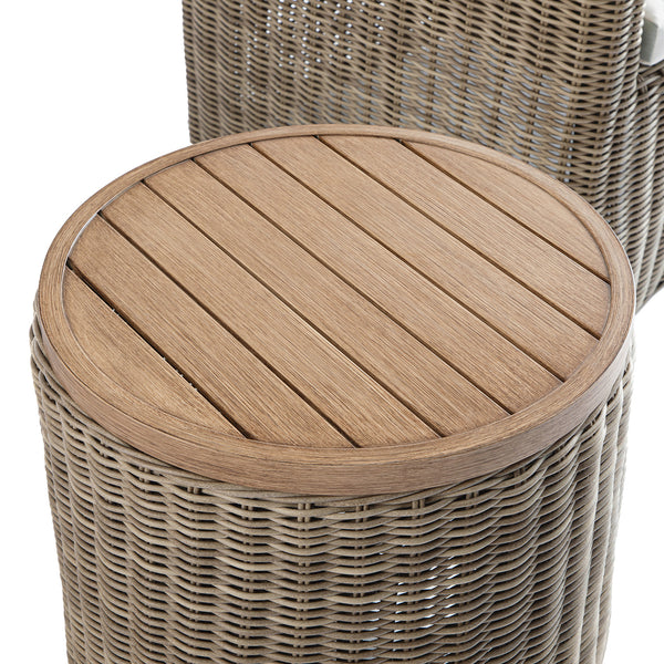 Bellagio Round Wicker Bistro Set with Rising Side Table, Natural with Sage Stripes - daals