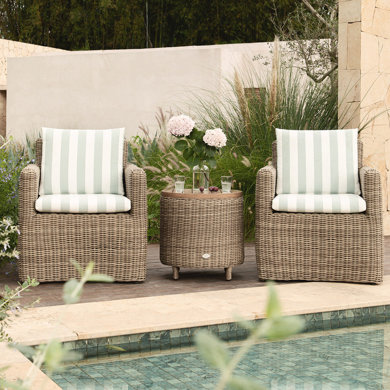 Bellagio Round Wicker Bistro Set with Rising Side Table, Natural with Sage Stripes - daals