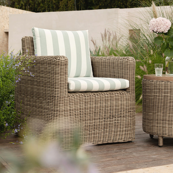 Bellagio Round Wicker Bistro Set with Rising Side Table, Natural with Sage Stripes - daals