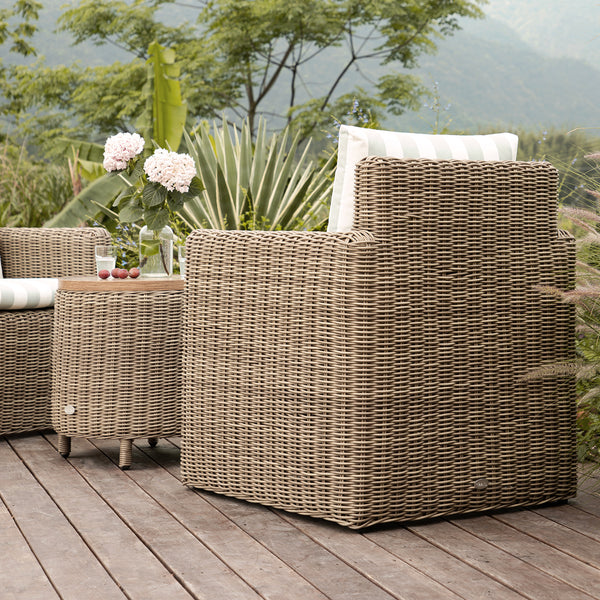 Bellagio Round Wicker Bistro Set with Rising Side Table, Natural with Sage Stripes - daals