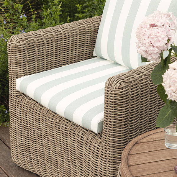 Bellagio Round Wicker Bistro Set with Rising Side Table, Natural with Sage Stripes - daals