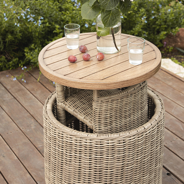 Bellagio Round Wicker Bistro Set with Rising Side Table, Natural with Sage Stripes - daals