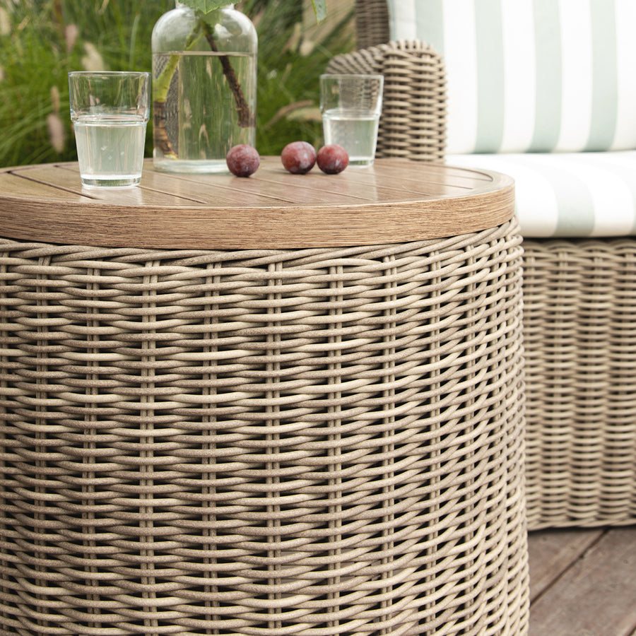 Bellagio Round Wicker Bistro Set with Rising Side Table, Natural with Sage Stripes