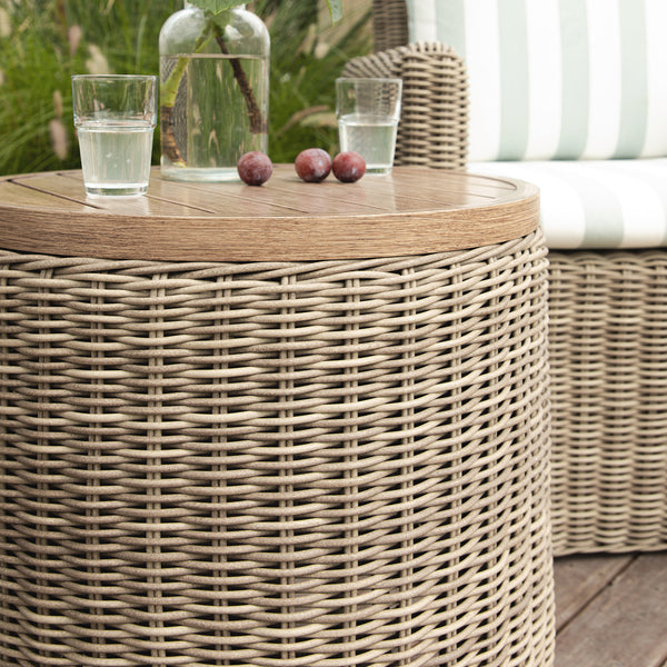 Bellagio Round Wicker Bistro Set with Rising Side Table, Natural with Sage Stripes - daals