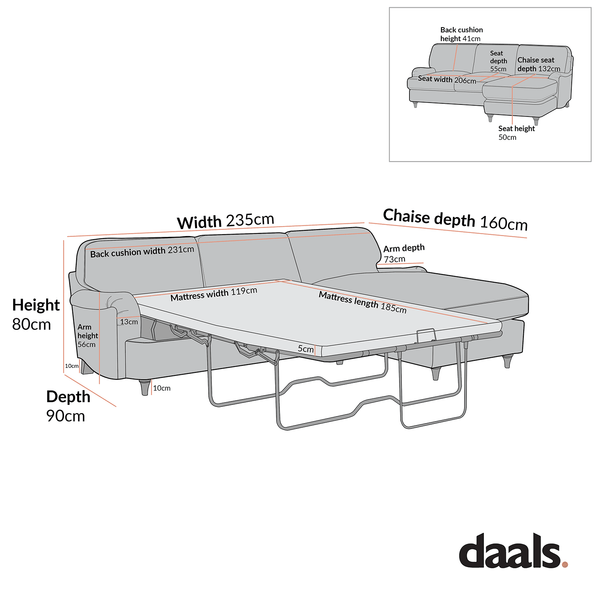 Daphnis Ochre Striped Linen Blend Sofa Bed, Grande Chaise Right Hand Facing - daals