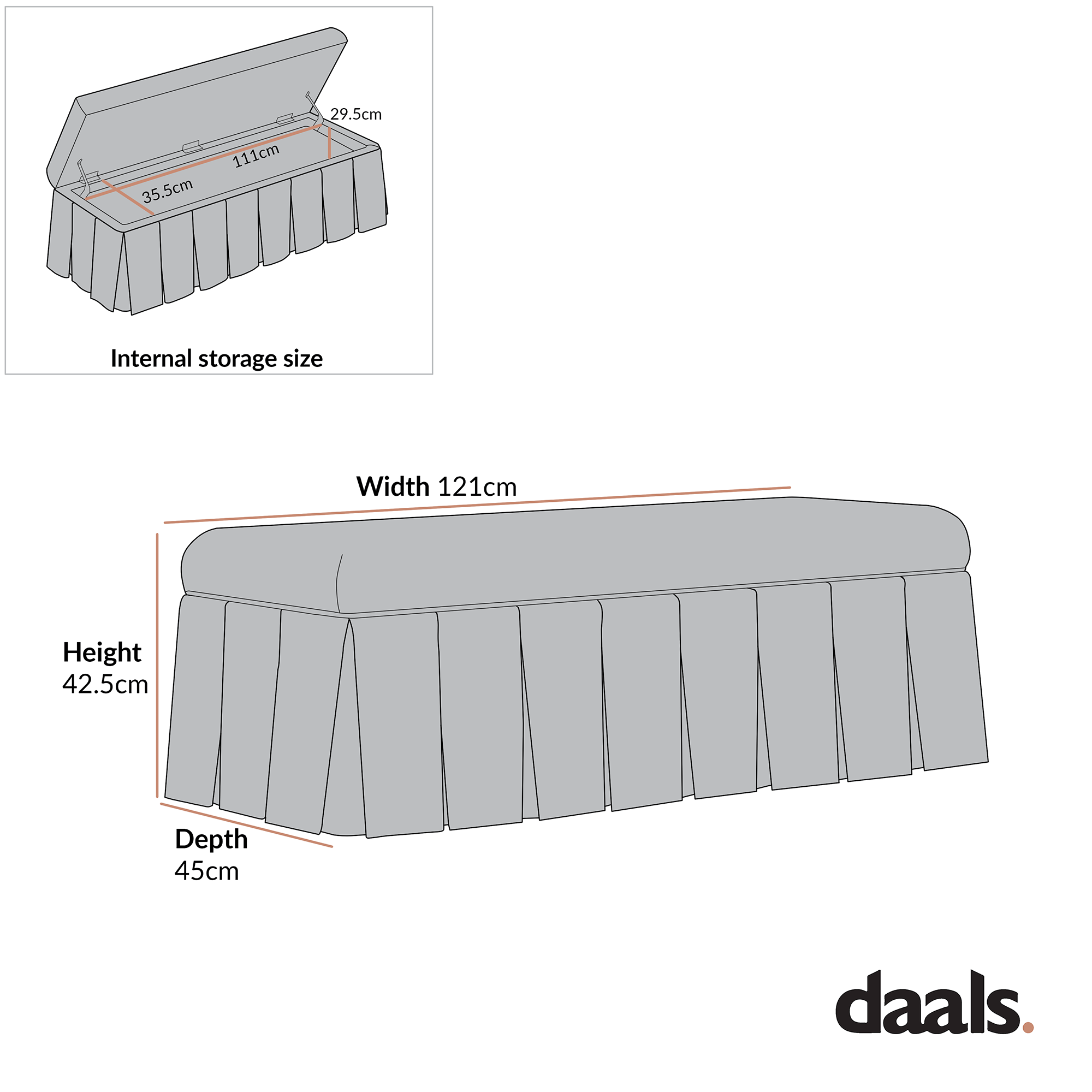 Egerton Box-Pleat Storage Bench, Charcoal Brushed Fabric