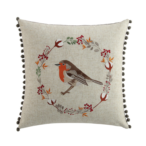 Country Collection Robin Embroidered Linen Blend Cushion