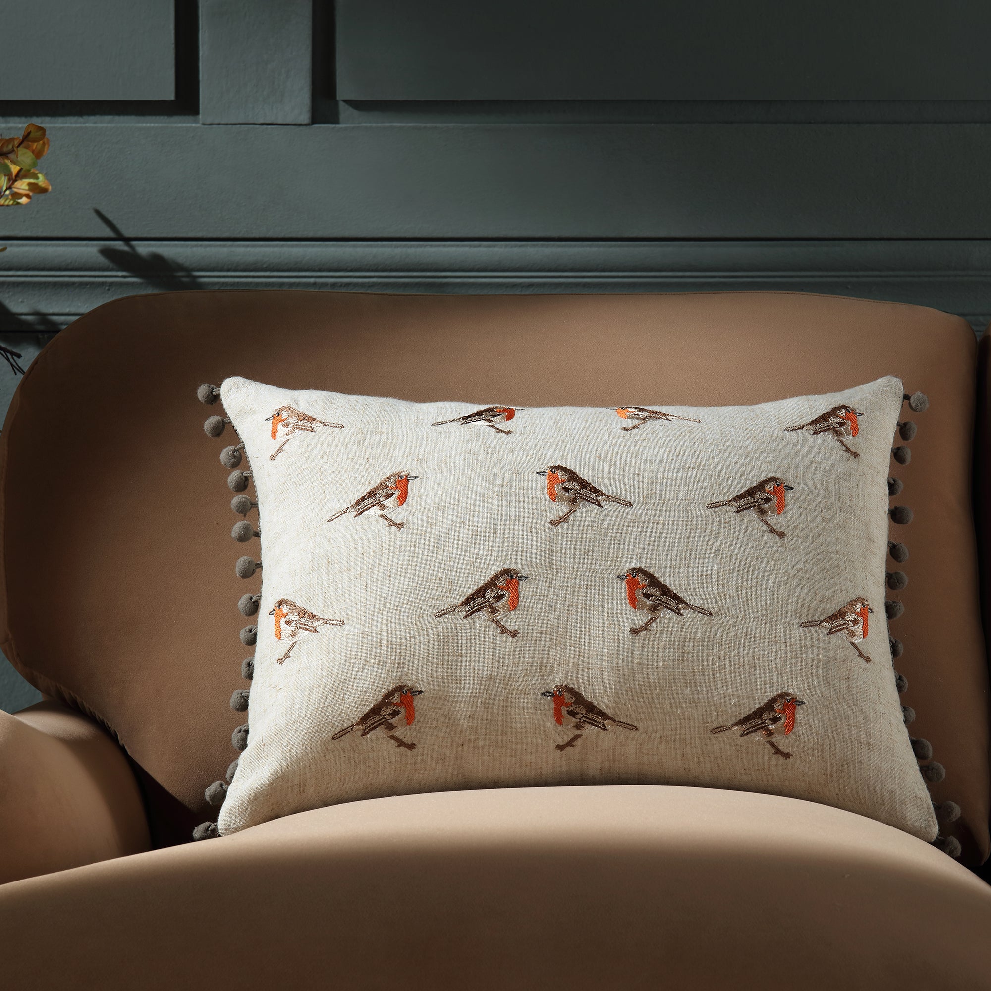 Red Robin Repeating Patterns Country Collection Robin Repeat Embroidered Linen Blend Cushion | daals