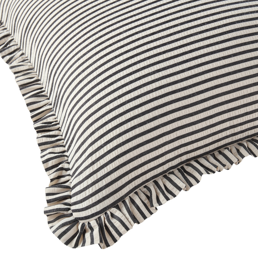 Iris Ticking Black Stripe Seersucker Frill Cushion - daals