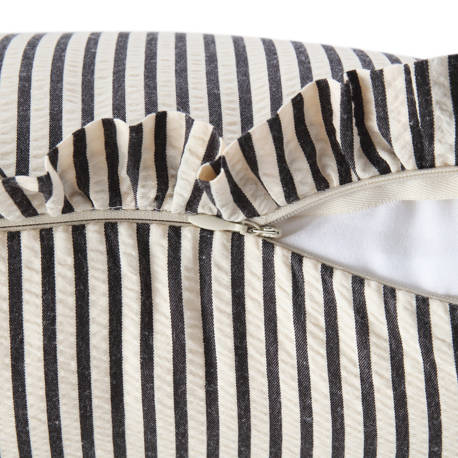 Iris Ticking Black Stripe Seersucker Frill Cushion - daals