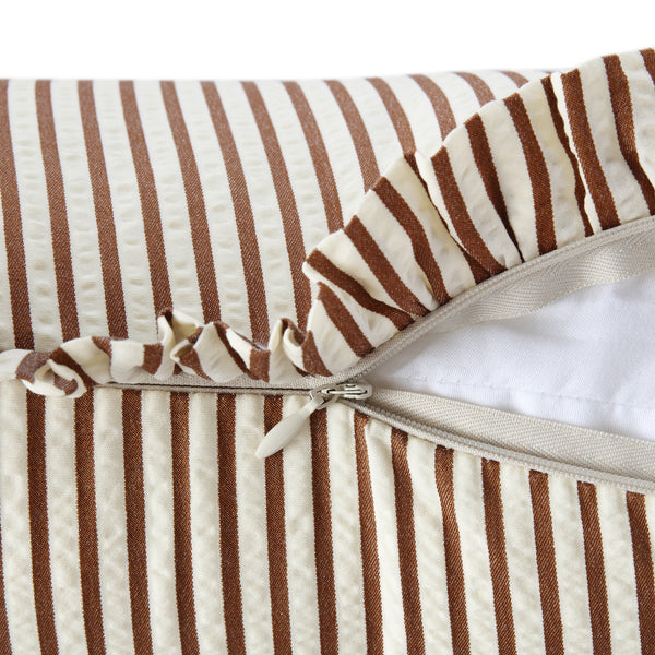 Iris Ticking Brown Stripe Seersucker Frill Cushion