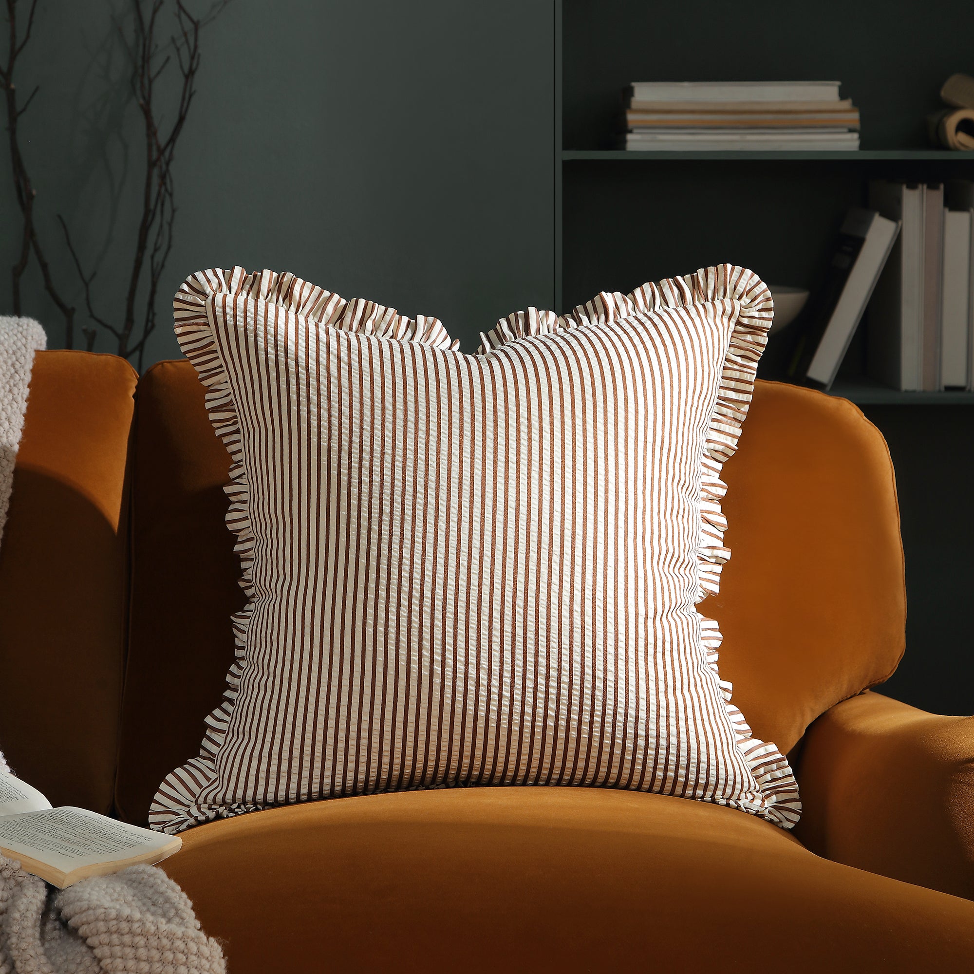 Iris Ticking Yellow Stripe Seersucker Frill Cushion - daals