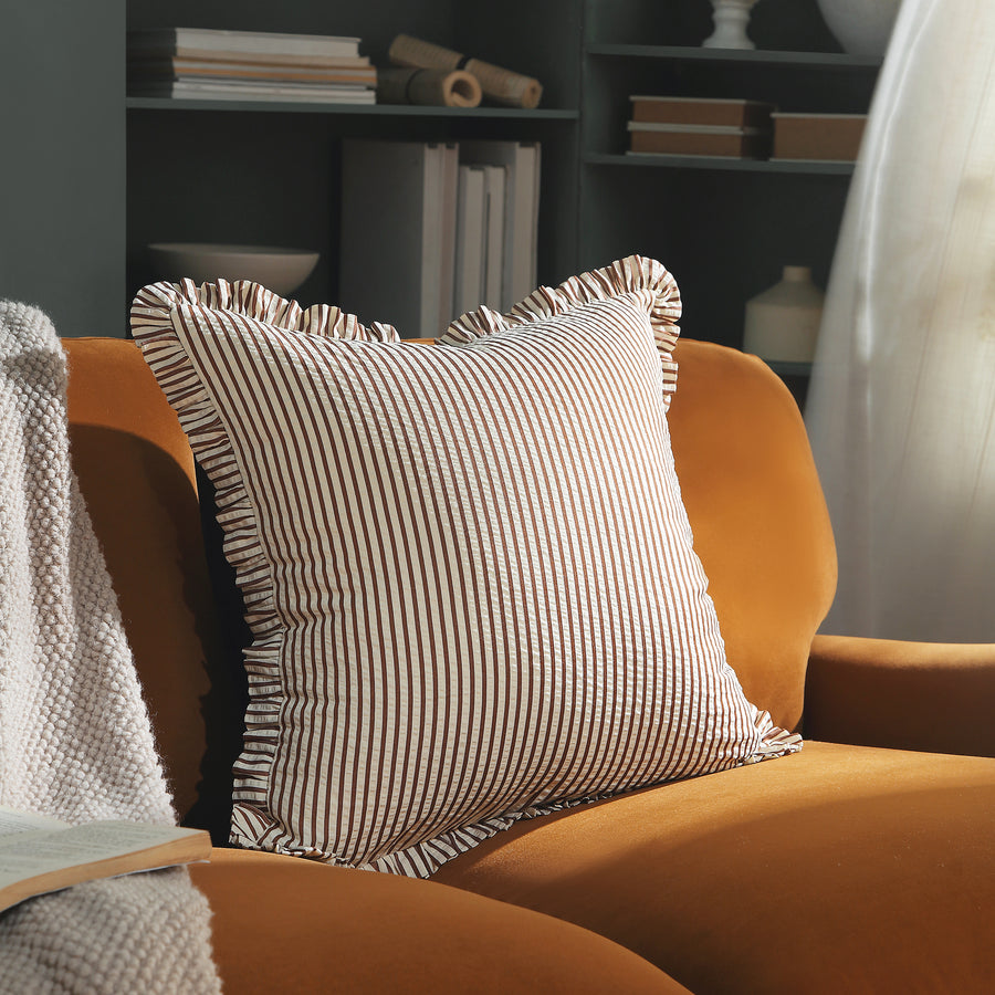 Iris Ticking Brown Stripe Seersucker Frill Cushion