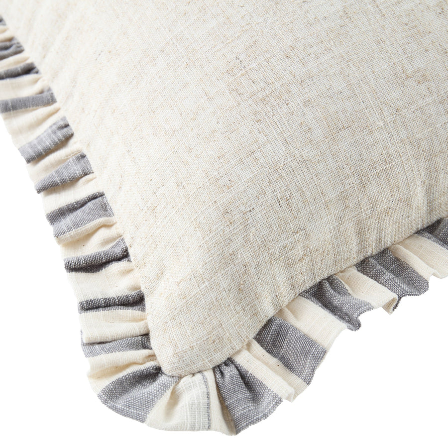Edith Reversible Linen Blend Faded Denim Blue Striped Frill Cushion