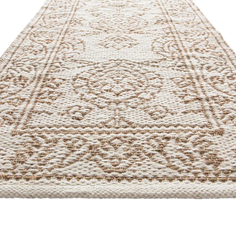 Florie Reversible Jute & Ivory White Wool Floral Jacquard Handwoven Runner