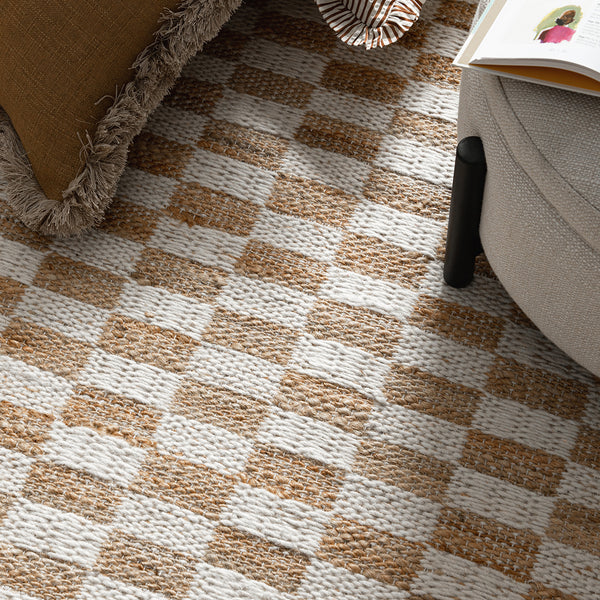 Leonie Check Natural & Ivory White Handwoven Wool & Jute Rug - daals