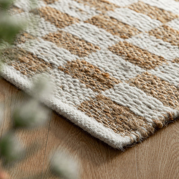 Leonie Check Natural & Ivory White Handwoven Wool & Jute Rug - daals