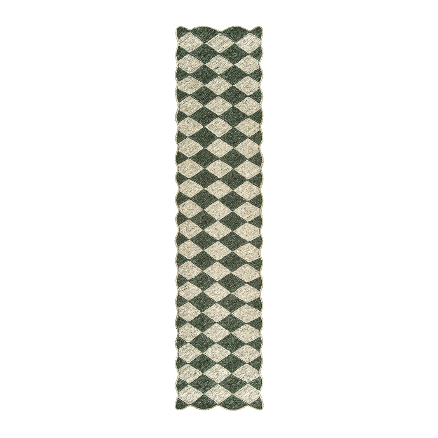 Tabitha Harlequin Diamond Scallop Olive Green & Bleached Jute Hand Braided Runner