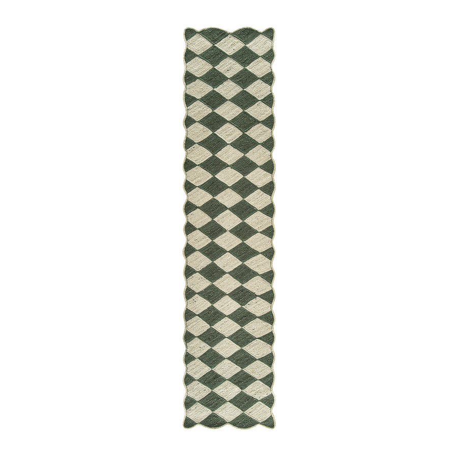 Tabitha Harlequin Diamond Scallop Olive Green & Bleached Jute Hand Braided Runner