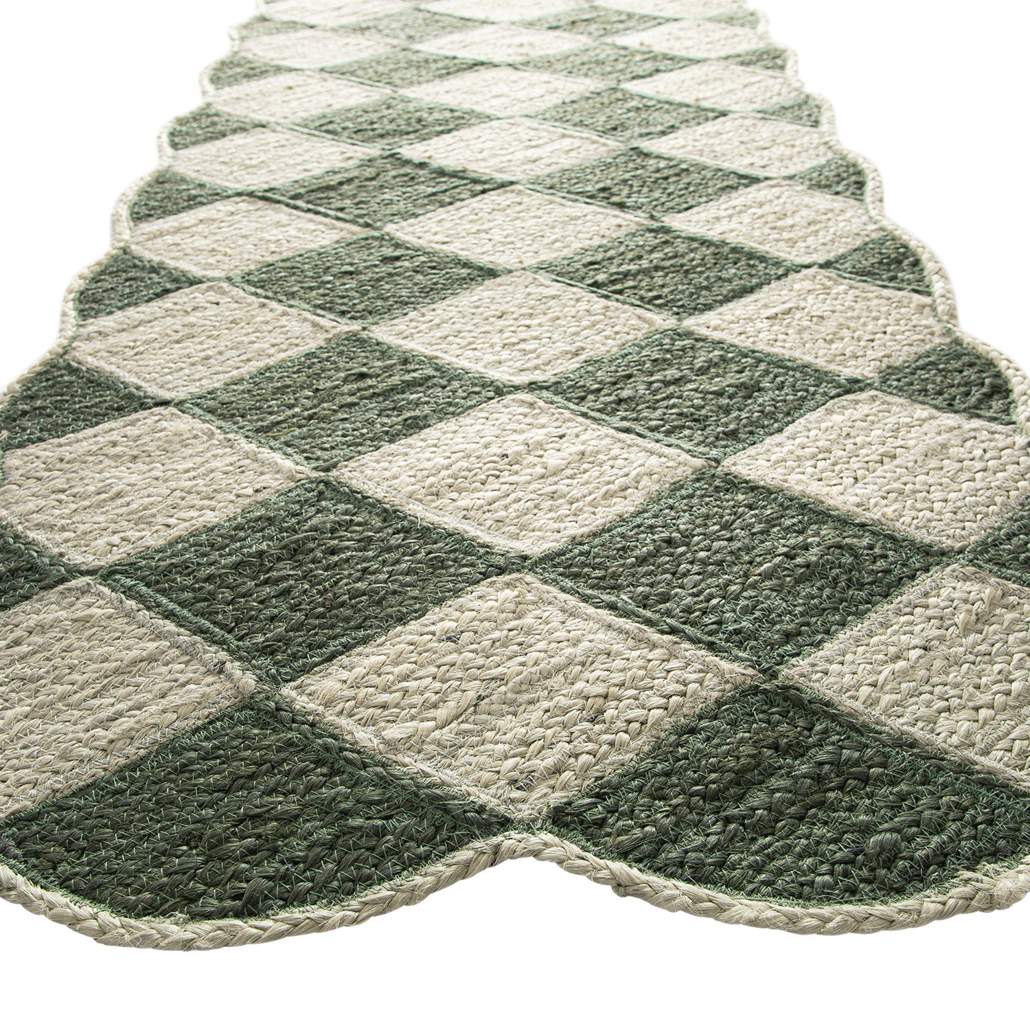 Tabitha Harlequin Diamond Scallop Olive Green & Bleached Jute Hand Braided Runner