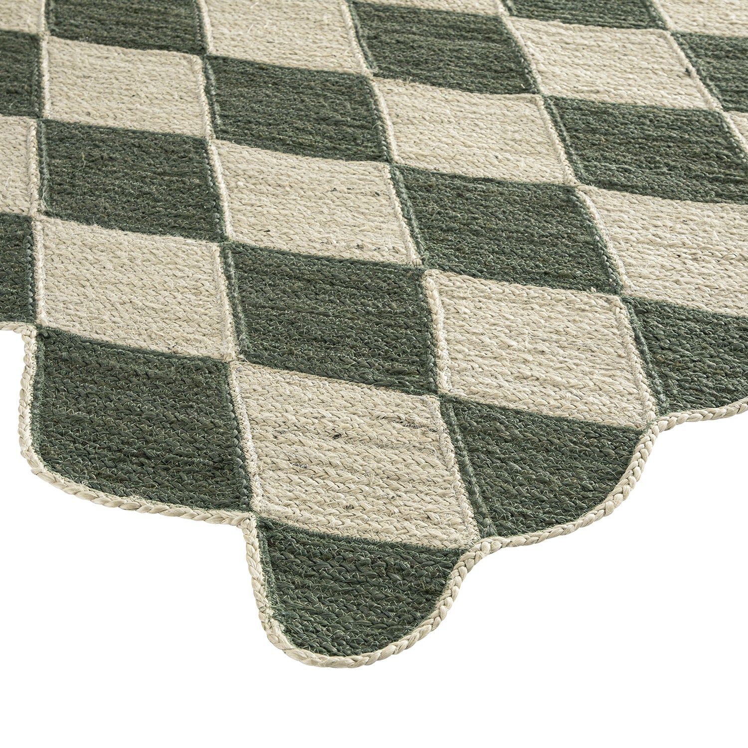 Tabitha Harlequin Diamond Scallop Olive Green & Bleached Jute Hand Braided Rug
