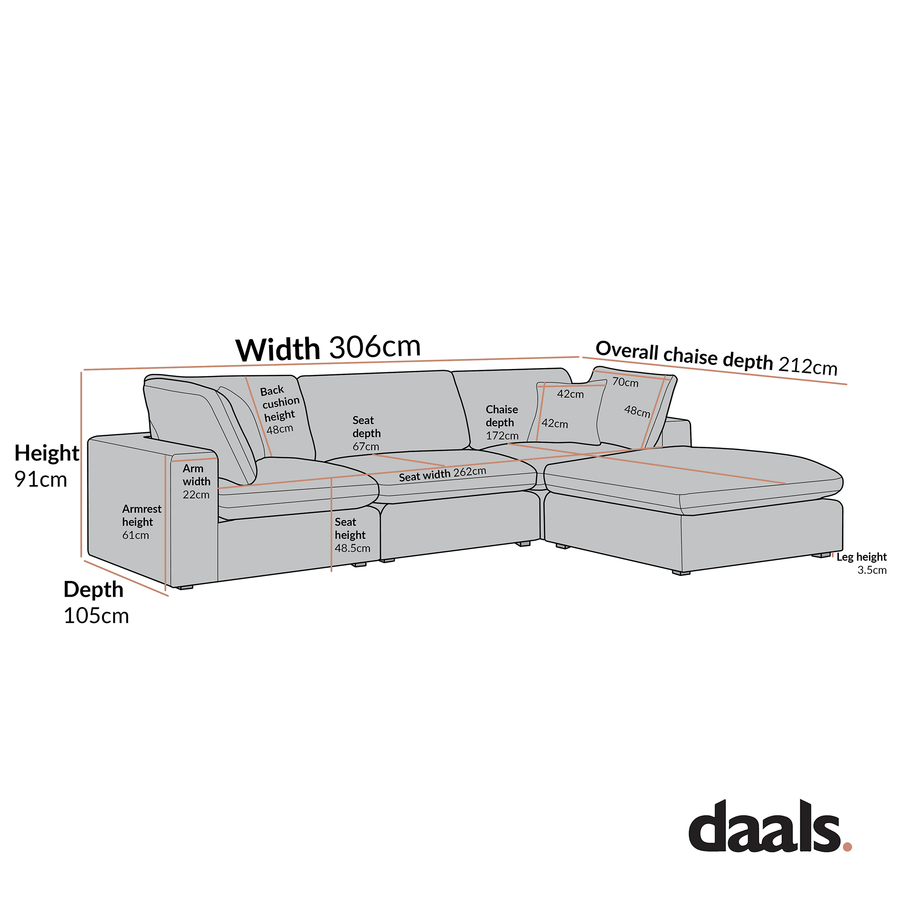 Lutyens Oatmeal Weave Fabric Modular Sofa, 3-Piece Chaise