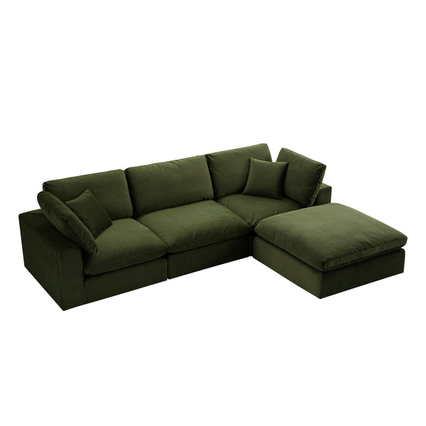 Lutyens Moss Green Velvet Modular Sofa, 3-Piece Chaise