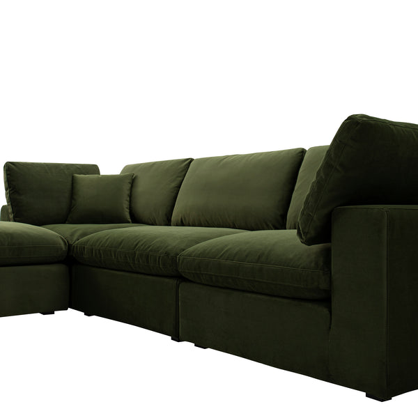Lutyens Moss Green Velvet Modular Sofa, 3-Piece Chaise