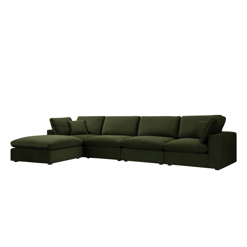 Lutyens Moss Green Velvet Modular Sofa, 4-Piece Chaise