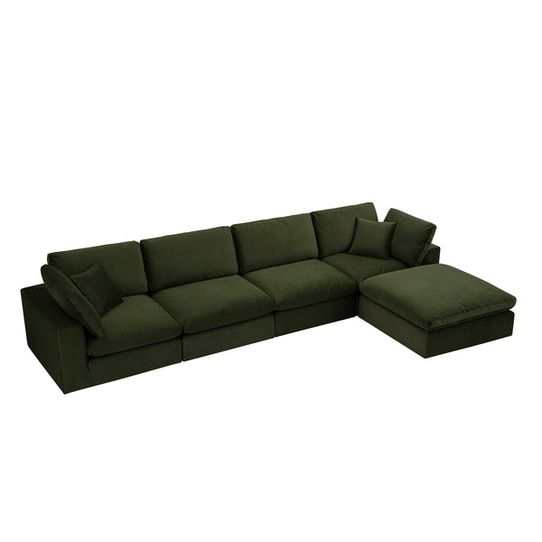 Lutyens Moss Green Velvet Modular Sofa, 4-Piece Chaise