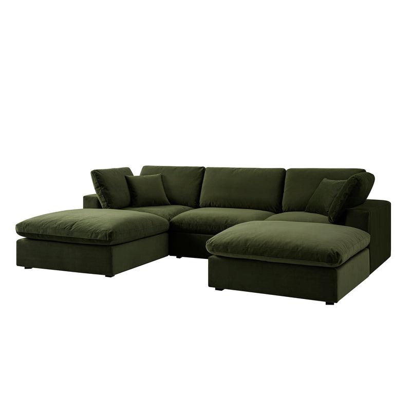 Lutyens Moss Green Velvet Modular Sofa, 5-Piece U-Shape Set