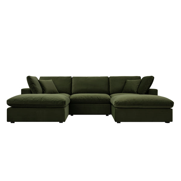 Lutyens Moss Green Velvet Modular Sofa, 5-Piece U-Shape Set