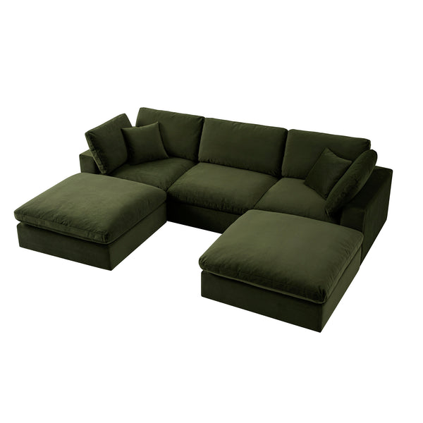 Lutyens Moss Green Velvet Modular Sofa, 5-Piece U-Shape Set