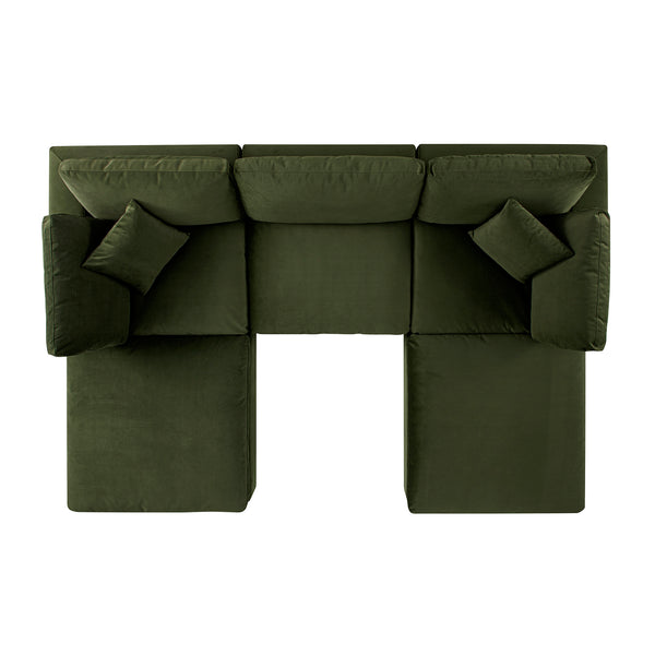 Lutyens Moss Green Velvet Modular Sofa, 5-Piece U-Shape Set