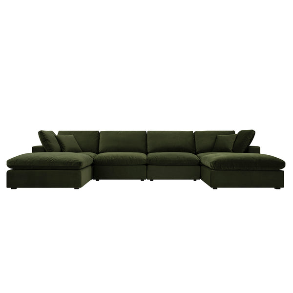 Lutyens Moss Green Velvet Modular Sofa, 6-Piece U-Shape Set