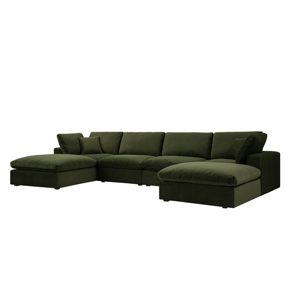 Lutyens Moss Green Velvet Modular Sofa, 6-Piece U-Shape Set
