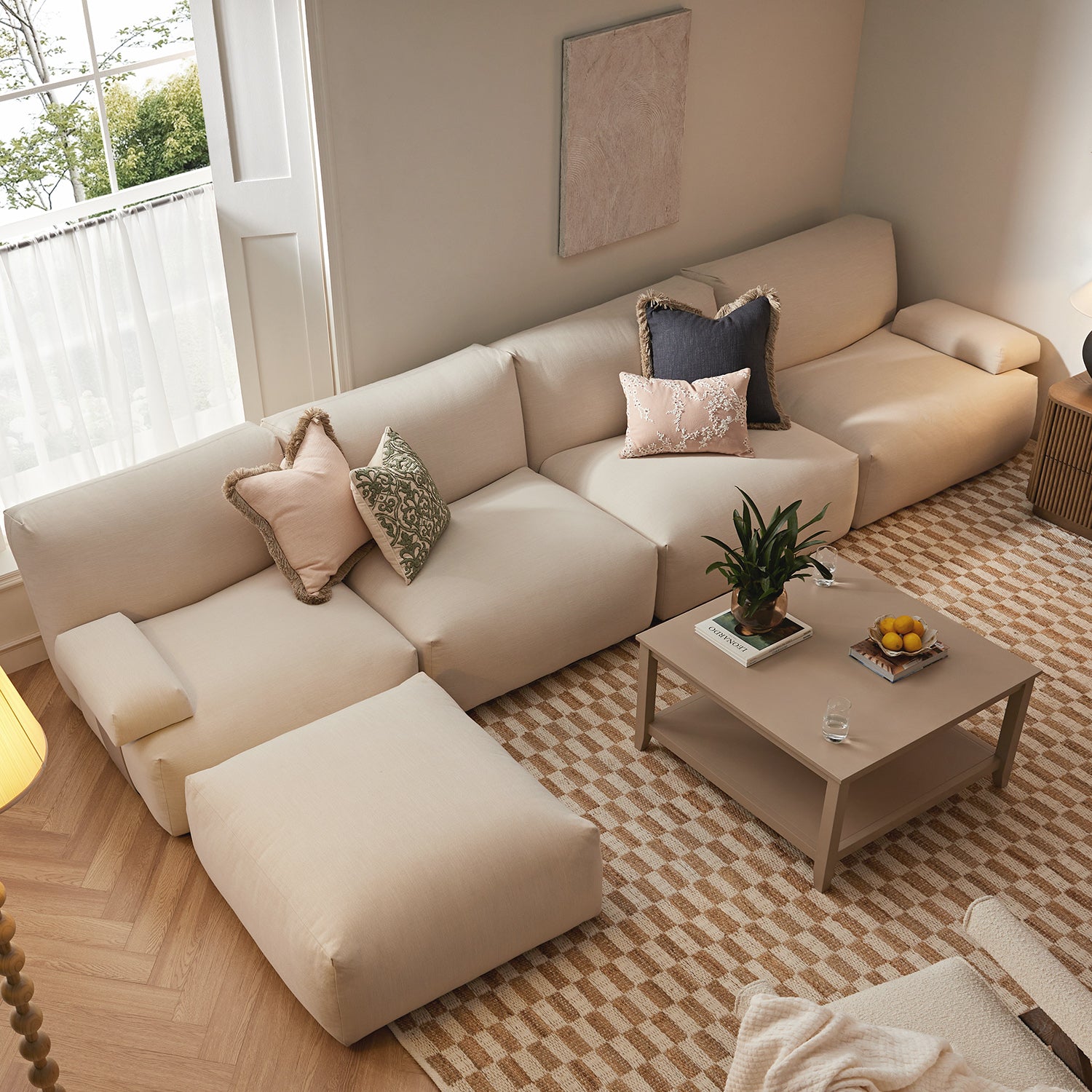 Carlyle Beige Cotton Blend Modular Sofa, 4-Piece Chaise