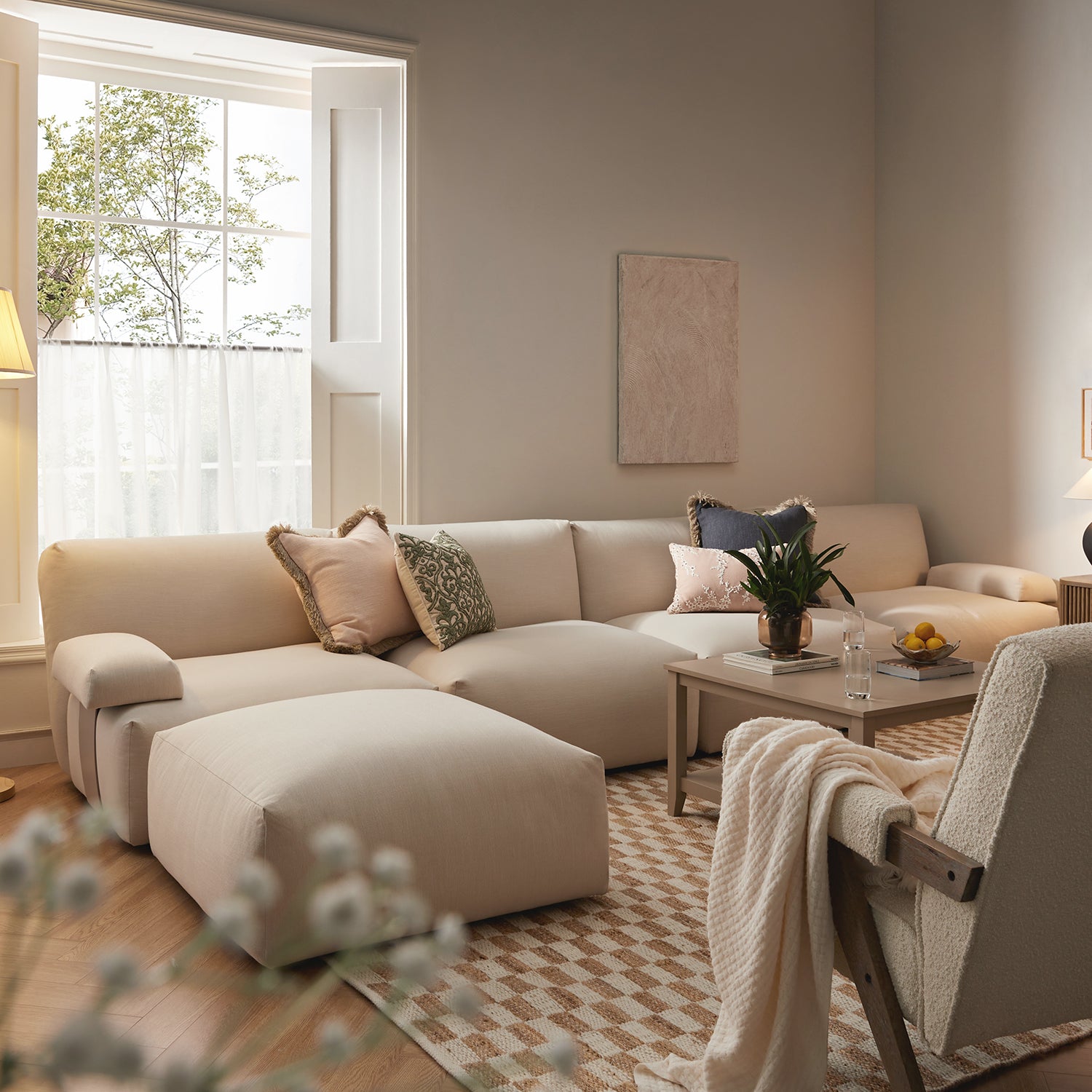 Carlyle Beige Cotton Blend Modular Sofa, 4-Piece Chaise