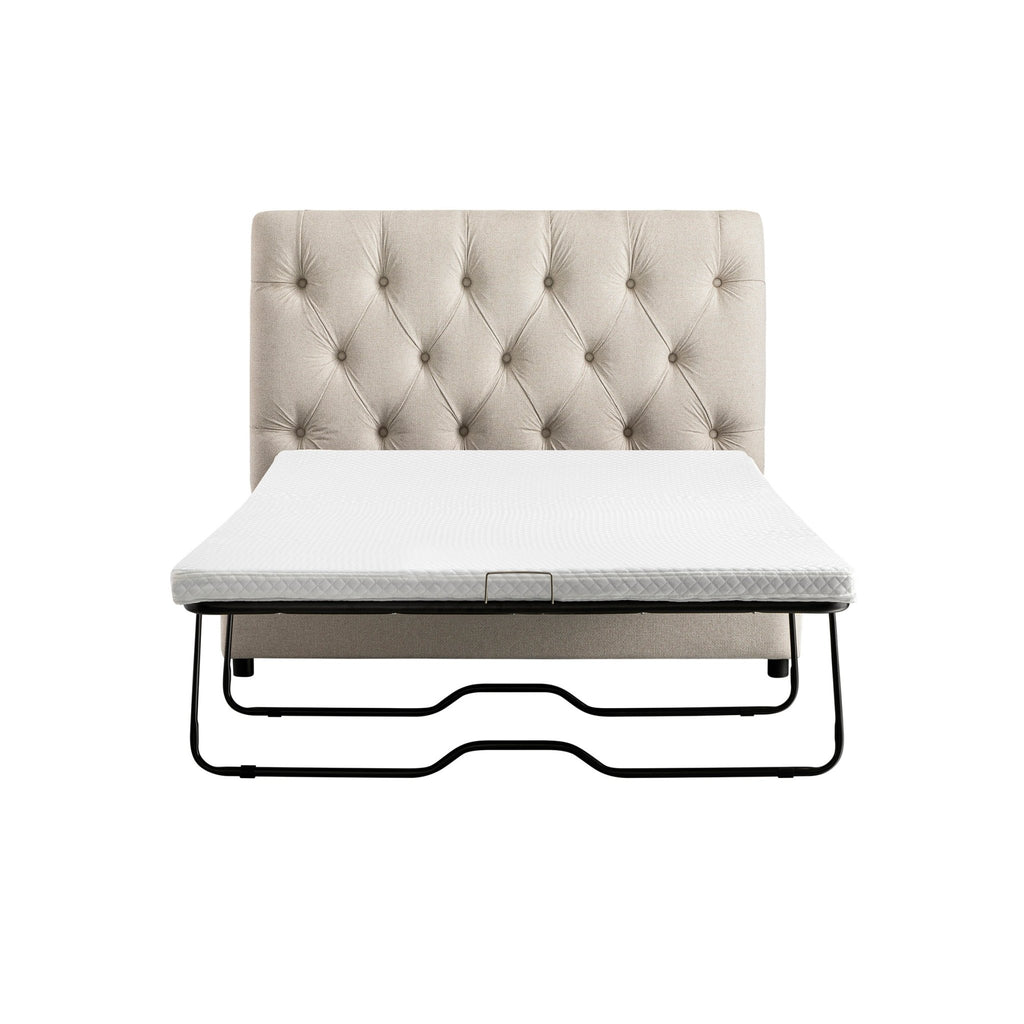 Portland Small Double Buttoned Fold-Out Bed in Ottoman, Beige Woven Fabric