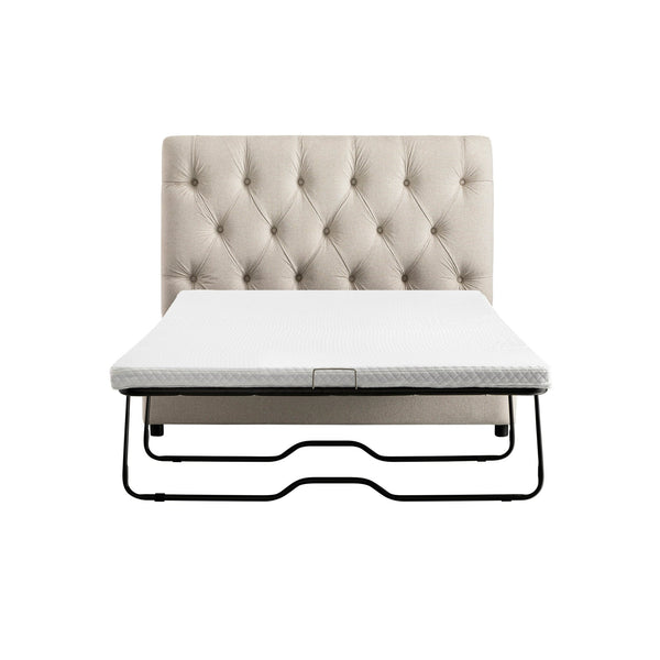Portland Small Double Buttoned Fold-Out Bed in Ottoman, Beige Woven Fabric