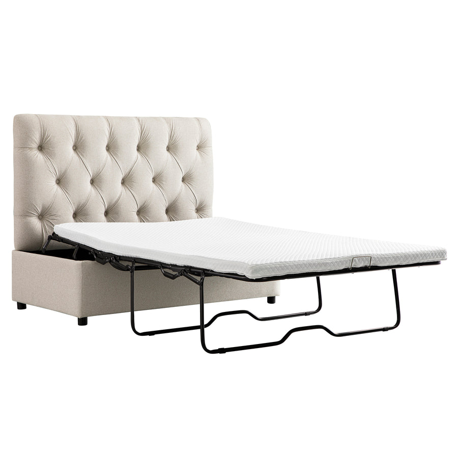 Portland Small Double Buttoned Fold-Out Bed in Ottoman, Beige Woven Fabric
